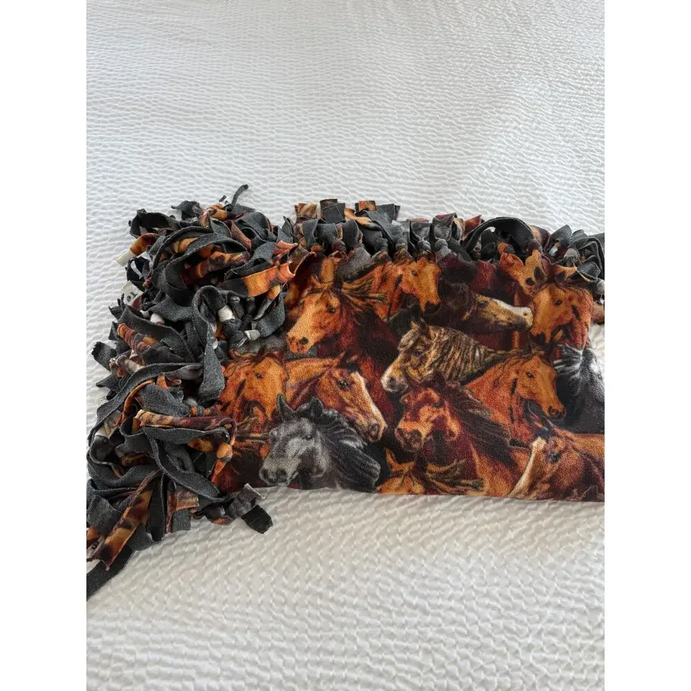 Horse Fleece Tie Fringe Throw Blanket Handmade Western Equestrian Ranch 50x60
